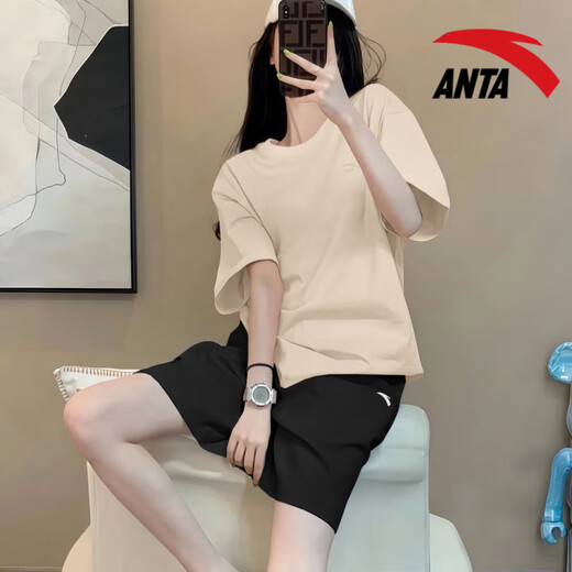 安踏（ANTA）运动套装女款宽松透气短袖短裤速干五分裤多巴胺T恤休闲显瘦 -7原木色/基础黑 M/170 适合100-120斤