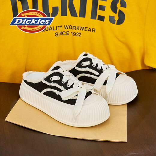 Dickies女鞋2025夏季新款厚底半拖鞋外穿一脚蹬包头休闲帆布鞋女 黑色 35