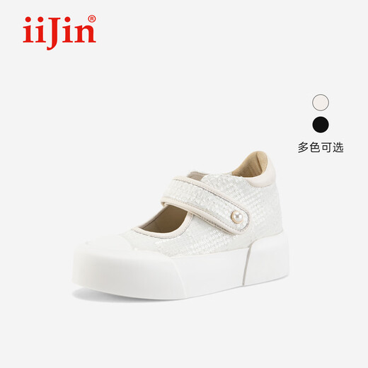 iiJin艾今2024新款8cm厚底内增高女鞋时尚珠片休闲百搭玛丽珍鞋女YF698ABS 米色 37
