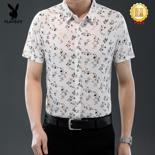 Playboy (Playboy) High-End 25 Sommer Neuem Hemd für kurze Ärmel Ice Seide dünn bedrucktes Hemd Modetrend lässig Daddy Anzug 9898 Gold M 165