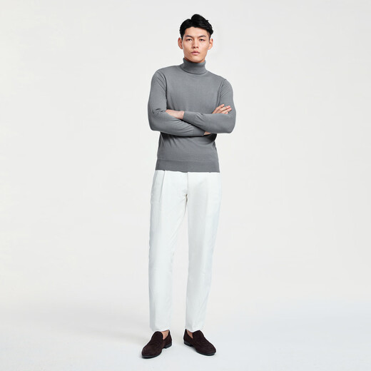 By Creations 14-pin pure wool machine-washed turtleneck pullover sweater for men's lightweight and micro-stretch casual warm knitted base shirt light gray (turtleneck) XL