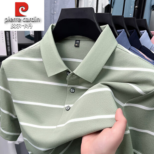 皮尔卡丹100%纯棉短袖t恤男2025夏季新款条纹中年男士休闲百搭polo.衫男 15100-深蓝 XL 175建议145-160斤
