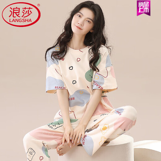 
LangSha 2025 new pajamas for women, summer pure cotton short-sleeved trousers, summer summer women's home clothes thin two-piece set ZH-9720 M