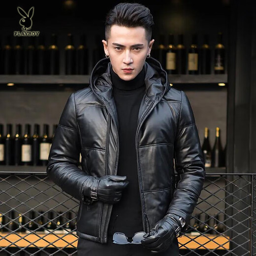 花花公子（PLAYBOY）2025冬季新款真皮质感皮衣男短款潮流修身夹克连帽加厚休闲外套男 黑色 2XL 180码-140-155斤