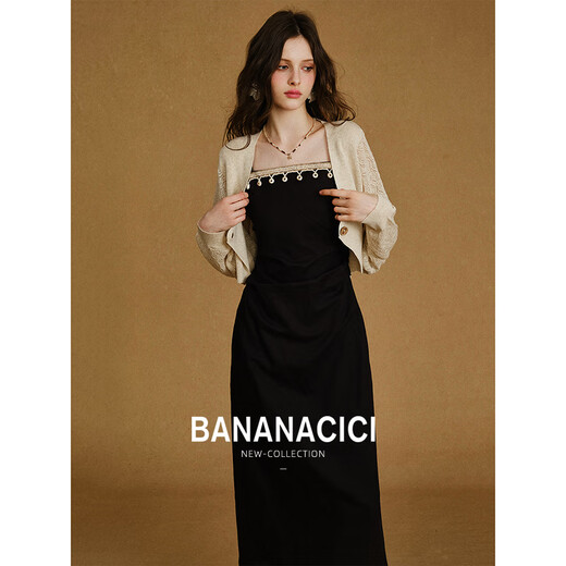 
banana cici 2025 summer new vacation style cotton linen straps detachable suspender dress C252LY674 Black M