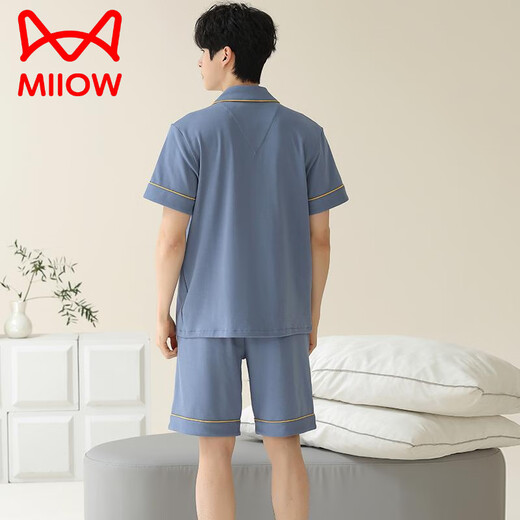 猫人（MiiOW）睡衣男士夏季纯棉短袖短裤开衫薄款大码纯色休闲家居服套装 逐月蓝12803【100纯棉】 3XL 【建议160-180斤穿】