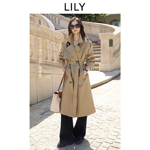 LILY2025 new autumn style retro British style double-breasted casual commuter belt long khaki windbreaker jacket 717 Khaki S
