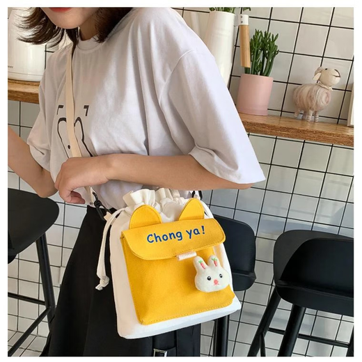 Cute small bag new Korean ins Japanese Harajuku canvas crossbody bag women's shoulder bucket bag mommy bag canvas crossbody bag - yellow - no pendant - 1 piece