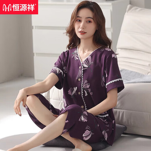 恒源祥睡衣女夏季短袖七分裤妈妈纯棉薄款中年宽松大码家居服套装可外穿 BJR-NXF9871 M 【建议80-100斤】