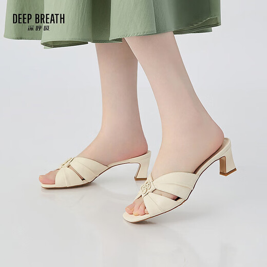 
DEEP BREATH Deep Breath Women's Shoes Sheepskin Soft Wrinkled Thick Heels Jingshe Comfortable High Heel Sandals AX14116 White 38