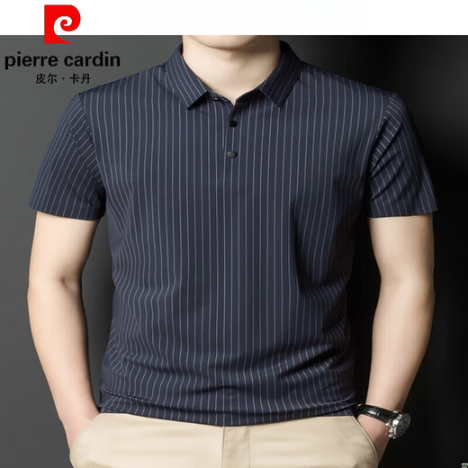 Pierre cardin summer lapel traceless short-sleeved T-shirt for men vertical striped casual polo shirt men fashion thin half-sleeved men gray 6996 M 170