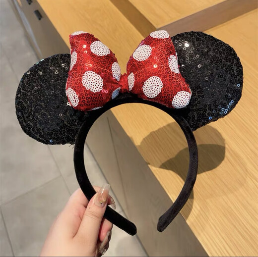 ENRMIIV Cartoon Children's Sequined Minnie Headband Runaway Princess Headband Disney Photo Hair Accessory Hair Washing Hair Clip Full Sequined Polka Dot Red Bow - Filled with Cotton