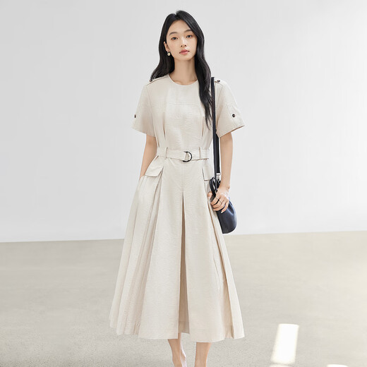 Dialogue high-end commuting waist-hugging slimming dress for women 2025 summer new French elegant round neck A-line long skirt Rice apricot color M