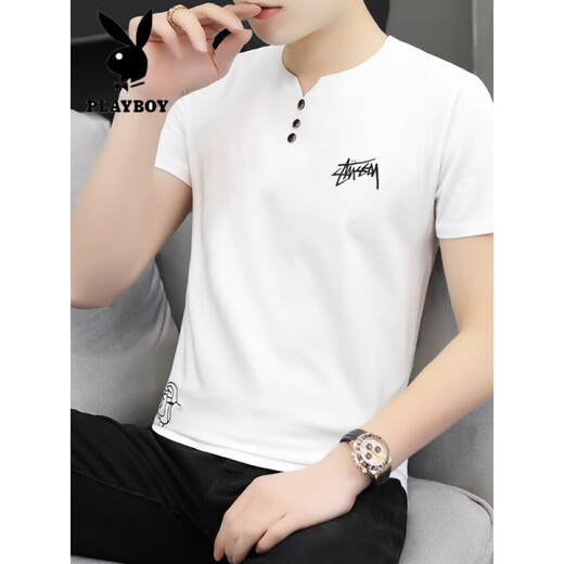 Playboy (Playboy) Camiseta de manga corta con cuello en V para hombres 2025 Spring and Autumn New Summer Fashionable Fashionable All-Match Slim White White White 691 M 90-115Jin [Jin equivale a 0.5 kg]