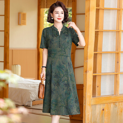 恒源祥中年妈妈夏装时尚洋气连衣裙2025新款阔太太女装短袖印花薄款裙子 829紫色 OXFY 3XL 建议125-140斤