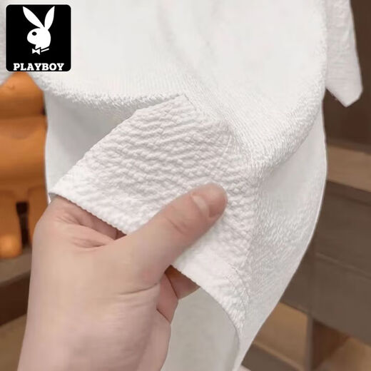 花花公子（PLAYBOY）2025新款夏季冰丝肌理感绣标圆领男士短袖时尚半袖百搭轻奢T恤男 【夏季短袖】6628白色 3XL 150-165斤