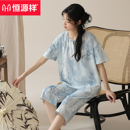 Hengyuanxiang 2025 new summer short-sleeved cropped pants pajamas women's national style home clothes casual and can be worn outside suits National style short-sleeved 9901 YZT cropped pants M Recommended 80-100Jin [Jin equals 0.5 kg]