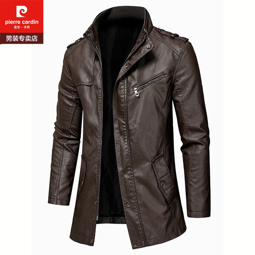 Pierre Cardin leather jacket men's mid-length casual high-end trendy brand leather jacket coat handsome plus size motorcycle windbreaker black S 130-145Jin Jin is equal to 0.5 kg