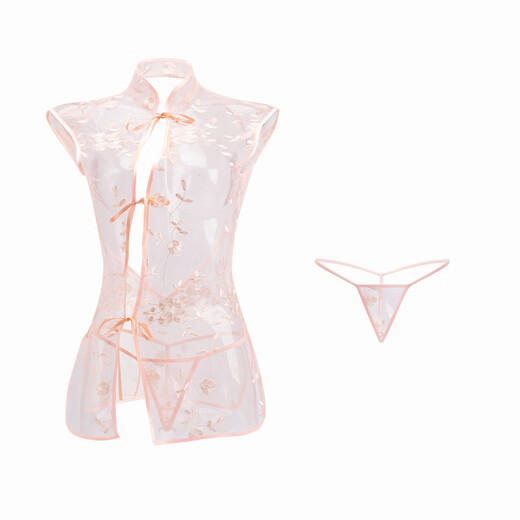 Manyan sexy Unterwäsche sexy klassische gestickte Perspektive Schnüre-up Cheongsam-Schlitzhülsen und Uniform Set 9435 Pink [Cheongsam + T-Trouser] Eins Größe