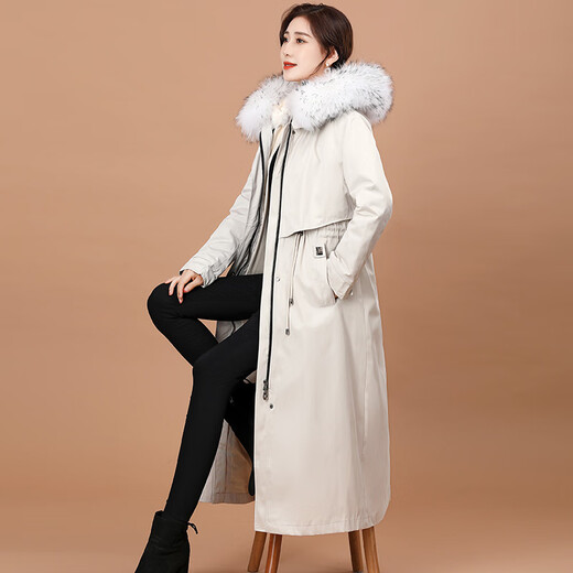 奥豚派克服女大衣长款獭兔毛皮草内胆可拆卸外套MXG2105 米白色  M 