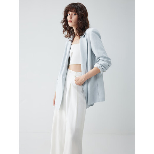 ELLE French commuting sense linen suit jacket for women 2026 spring new style high-end right shoulder loose suit blue S