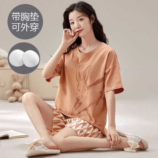 Non-standard high-quality products with chest pad anti-convex pajamas for women short-sleeved shorts for summer casual houndstooth thin home clothes for outdoor wear XL (120-135Jin [Jin equals 0.5 kg])/T1047 (with chest pad)