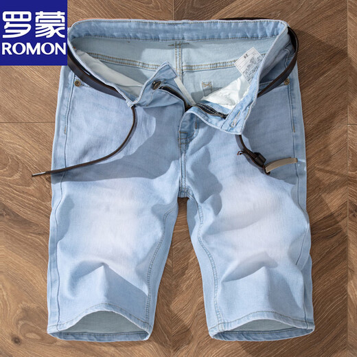 
Lomon summer thin men's slim blue and white denim shorts men's grinding white 5-point pants mid-trousers breeches jeans trend 9921-5 retro blue 28