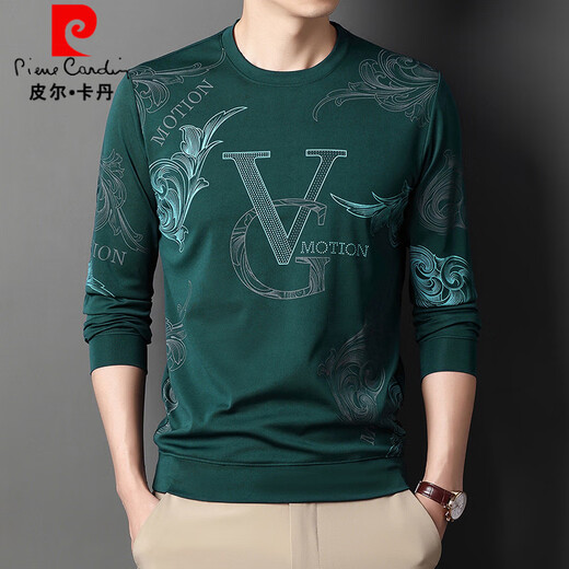 皮尔卡丹（pierre cardin）时尚潮流印花t恤男春秋新品男士圆领长袖冰丝VG图案中青年打底衫 6621黑色 L 建议120-140斤