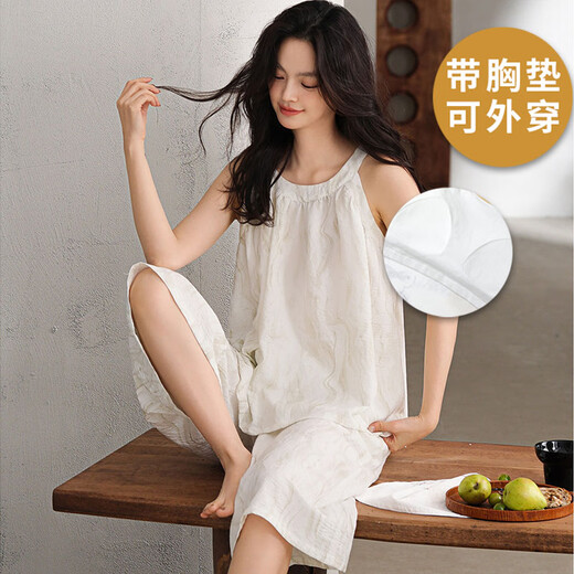 Langsha pajamas with chest pad for women for summer knitted cotton suspender cropped pants shorts Korean style home clothes thin style can be worn out for outerwear suit with chest pad suspender cropped pants suit: ZW-388 M