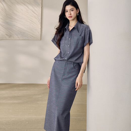 ROEYSHOUSE LOI casual retro shirt suit 2025 summer new fashion solid color top skirt two-piece set 12398 denim blue M