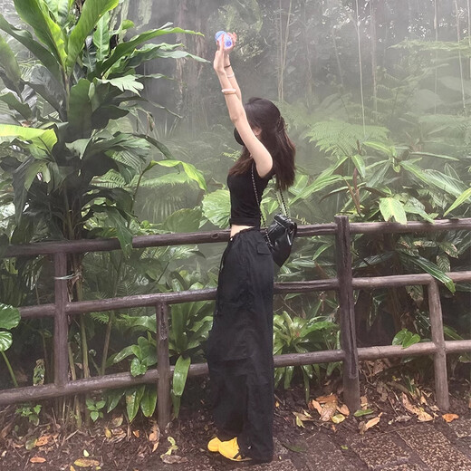 皮尔卡丹黑色降落伞美式工装裤女夏季新款百搭薄款休闲裤阔腿抽绳直筒裤女 6630藏蓝色 6630藏蓝色 XS