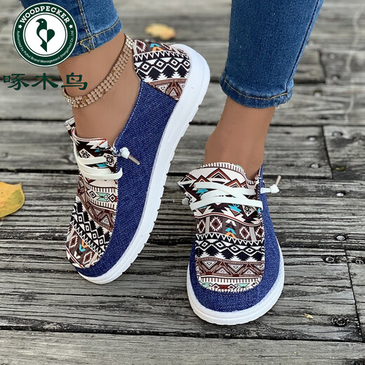Woodpecker 2025 summer new canvas shoes lace-up loafers women's shoes versatile flat casual shoes mother shoes single shoes women's shoes black 37