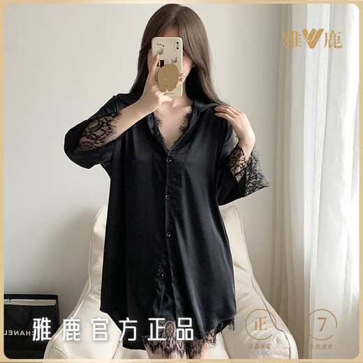 雅鹿性感冰丝睡衣女款夏季薄款V领短袖短裤开衫豹纹蕾丝睡裙家居服 YM#12357 XL 建议110-130斤