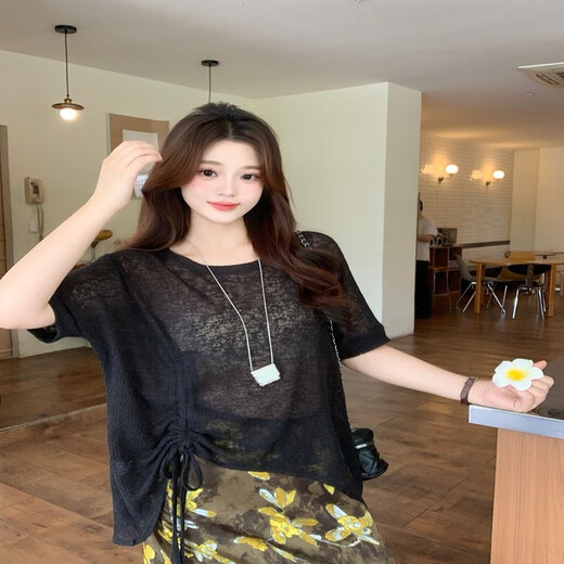 Single-built fat mm large size women's ice silk knitted top printed skirt suit A1477 top + 21846 skirt A1477 black top ((without suspenders) L[100-120] single size
