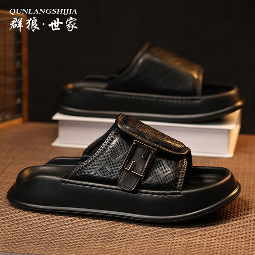 
Couple Wolf Family QUNLANGSHIJIA Slippers Men's Summer 2025 New Fashion Brand Outdoor Anti-Slip Anti-odor Thick Sole Wear-resistant Sandals High-end Beach Sandals Black [This model is leather shoe size] 41