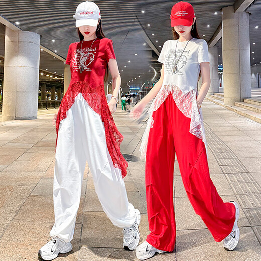 勤度爵士舞服装女套装夏季薄款曳步舞上衣蕾丝拼接跳广场舞休闲束脚裤 白色裤子6627 M [80-105斤]