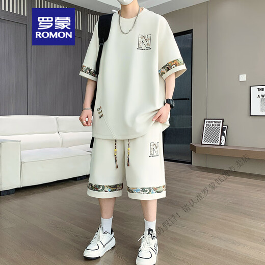 Suite pour hommes Romon 2025 Été Nouveau style t-shirt à manches courtes en vrac new Trend National Trend Clothing masculin rapide 6195 Green 2xl 150-170Jin [Jin est égal à 0,5 kg]