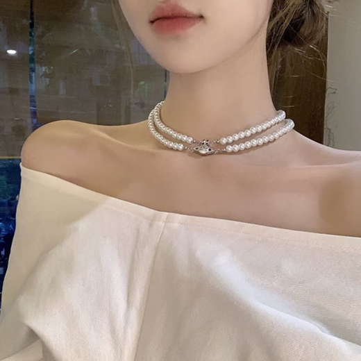 甜欲教主双层土星珍珠项链轻奢choker颈链送女友配饰带礼盒毛衣链 双层珍珠土星项链【礼盒装】