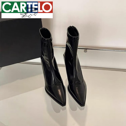 Cartelo High Heel Speced Toe Stiefel 2025 Herbst und Winter Neue französische schlanke Absatz Nacktstiefel Dünne Stiefel Retro Elastic Boots Schwarze Leder Version Single 34