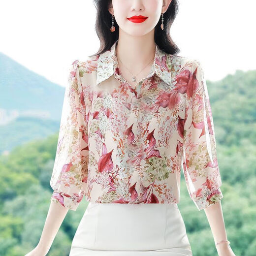 时尚印花七分袖雪纺衬衫女士装夏季新款百搭洋气小衫减龄妈妈上衣 花色 Q144 3XL 建议135~150斤