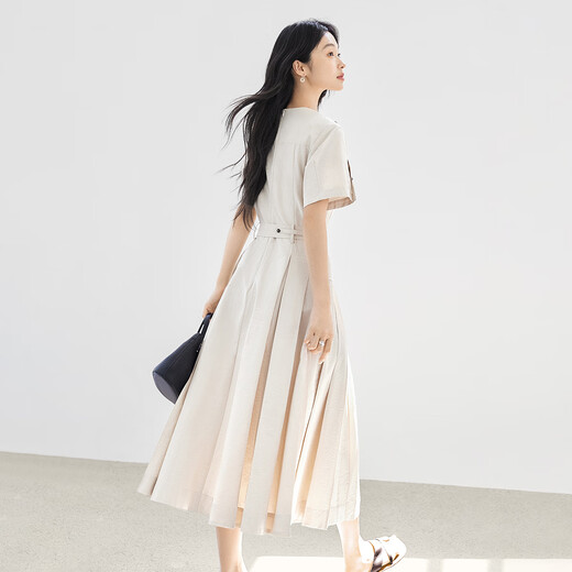 Dialogue high-end commuting waist-hugging slimming dress for women 2025 summer new French elegant round neck A-line long skirt Rice apricot color M