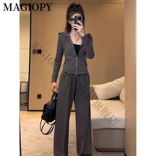 MAGIOPY国际奢侈高档品牌2025春季连帽休闲运动套装女时尚修身显瘦洋气开 灰色两件套 S(100斤以内)