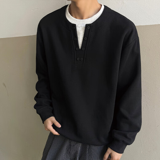 IZEXX fake two-piece Henry collar sweatshirt men's autumn round neck simple versatile loose bottoming shirt top JW19 black 2XL