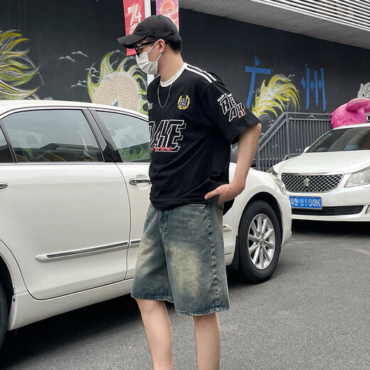 迪伽达美式水洗复古蓝牛仔短裤男夏季新款街头休闲阔腿宽松直筒五分裤 TVFS-826复古蓝 L