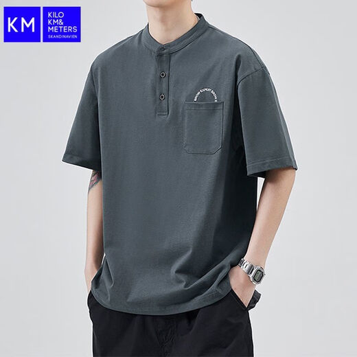 Kilo Meterskm2024 Summer NUEVA Camiseta de color sólido Men sueltos American algodón retro Camiseta de manga corta 5009 YD-Black-5509 m