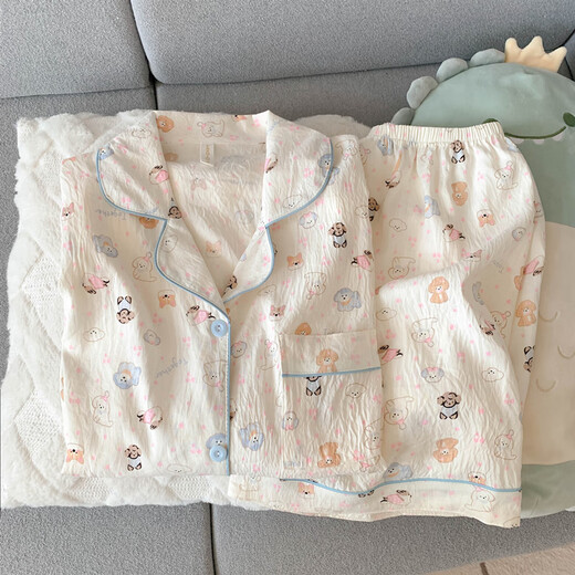 恒源祥纯棉纱布睡衣女短袖长裤春夏款三件套可爱小狗少女开衫家居服夏季 云朵棉-J9901#乐园小狗三件套 M 【建议75-100斤】