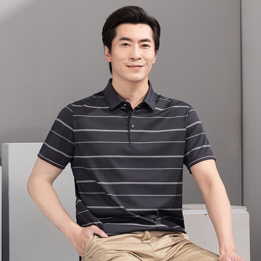 红都夏季新款男士短袖T恤商务休闲翻领簿款条纹微弹中年半袖t恤衫 咖色ta9226-2 均码 175/92A