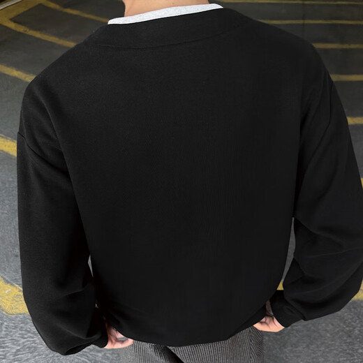IZEXX fake two-piece Henry collar sweatshirt men's autumn round neck simple versatile loose bottoming shirt top JW19 black 2XL
