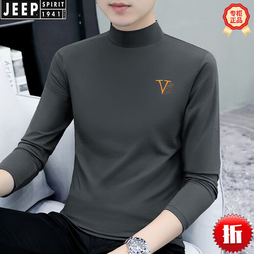 JEEP SPIRIT pure cotton half turtleneck base shirt men's long-sleeved T-shirt solid color middle-collar spring and autumn men's underwear T-shirt outside autumn clothes men's LH-YPC6187 charcoal gray M [Suggested 100-115Jin [Jin equals 0.5 kg]]