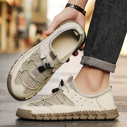 
Microfiber leather sandals men's French leather shoes for spring and summer new genuine leather hollow hole shoes soft sole casual beach shoes for men khaki [Microfiber leather A681] 46